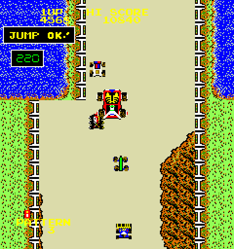 Bump 'N' Jump Arcade Screenshot: Try to knock other cars off of the road, or just jump over them...