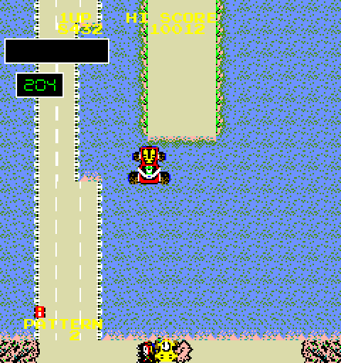 Bump 'N' Jump Arcade Screenshot: Sometimes you have to jump over water, or sometimes there's a narrow bridge you can take...