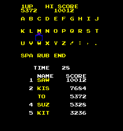 Bump 'N' Jump Arcade Screenshot: Game over; enter your initials in the high score table!