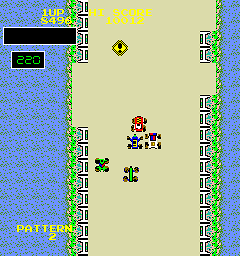 Bump 'N' Jump Arcade Screenshot: When you see the caution sign, be prepared to jump!