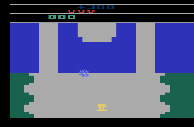 Bump 'N' Jump Atari 2600 Screenshot: I wasn't quick to turn or jump and crashed into the water...