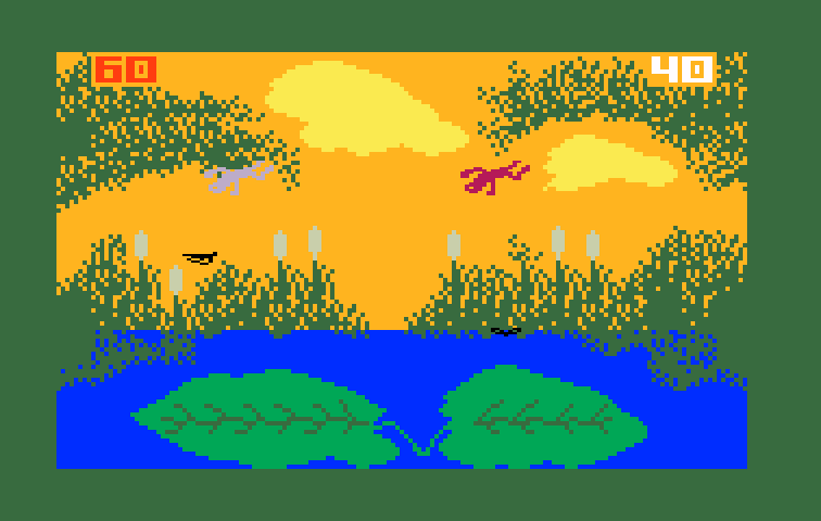 Frog Bog Intellivision Screenshot: Frogs leaping against a setting sun.