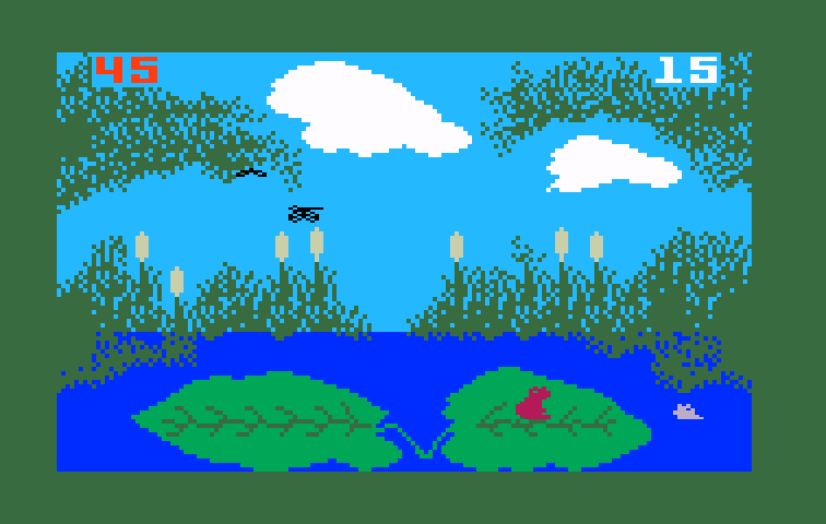 Frog Bog Intellivision Screenshot: Don't fall in the water or you will lose valuable time.