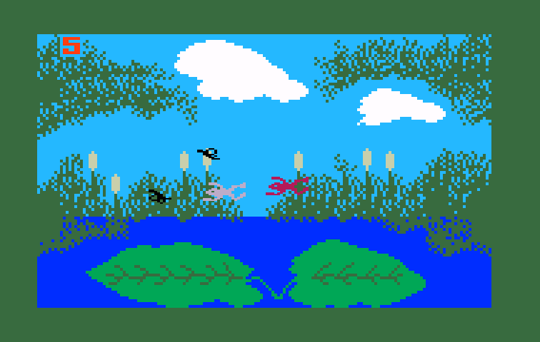 Frog Bog Intellivision Screenshot: Jumping through the air after some bugs...