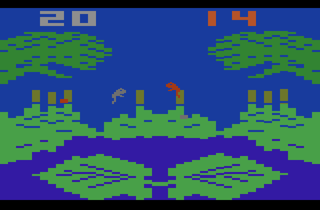 Frog Bog Atari 2600 Screenshot: Frogs leap into the air to catch flies...hopefully!