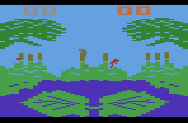Frog Bog Atari 2600 Screenshot: Both frogs leap into the air, but miss their targets...
