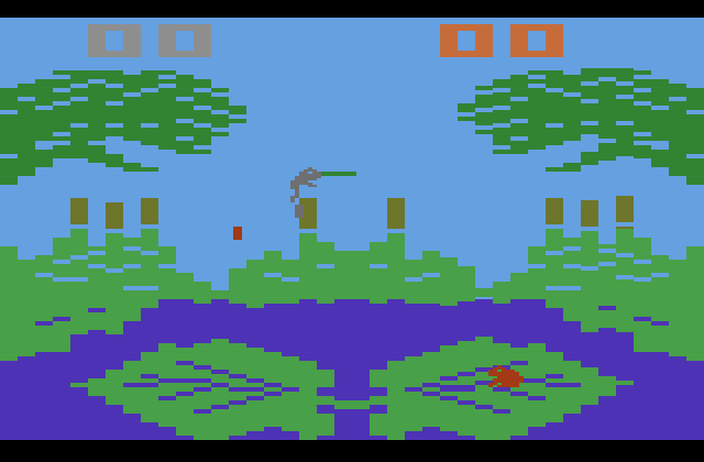 Frog Bog Atari 2600 Screenshot: Game start; a frog attempts to catch flies...