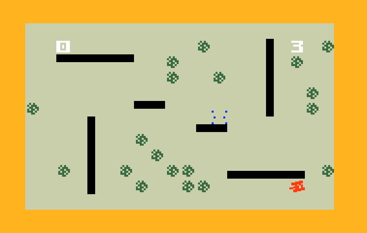 Triple Action Intellivision Screenshot: Player one destroyed, player two is ahead!
