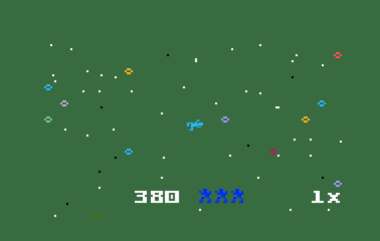 Space Hawk Intellivision Screenshot: Crash! When hit, the screen shakes and flashes green...