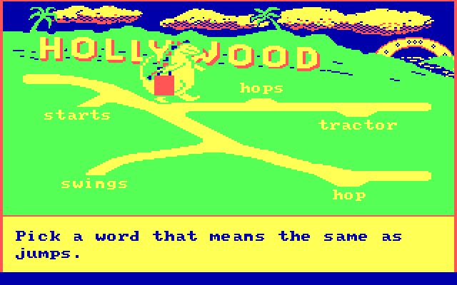 Bagasaurus IBM PC/Compatibles Screenshot: Walk to and pick up the word that matches the description.