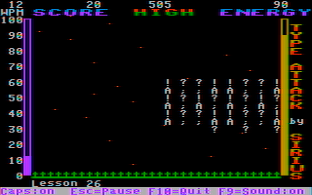 Type Attack IBM PC/Compatibles Screenshot: More complicated lessons can have symbols to type as well as letters.