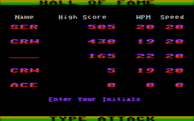 Type Attack IBM PC/Compatibles Screenshot: Here's the high score table...