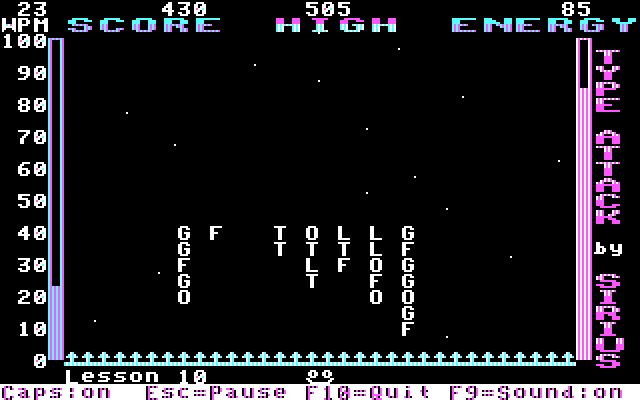 Type Attack IBM PC/Compatibles Screenshot: The letters have almost landed! Be careful...