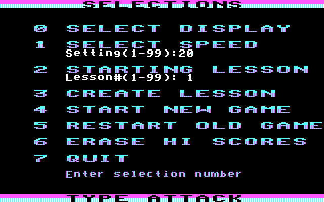Type Attack IBM PC/Compatibles Screenshot: The main game menu.