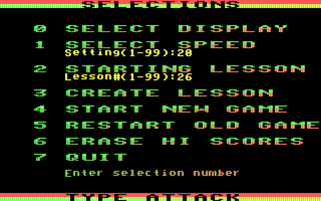 Type Attack IBM PC/Compatibles Screenshot: The game allows you to choose an alternate CGA color palette.