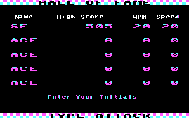 Type Attack IBM PC/Compatibles Screenshot: The high score table.