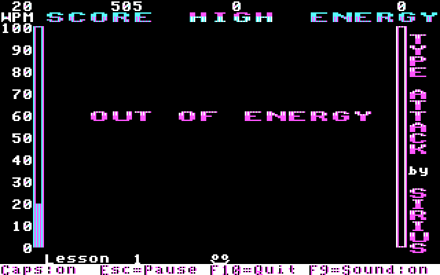 Type Attack IBM PC/Compatibles Screenshot: Oops, I ran out of energy...