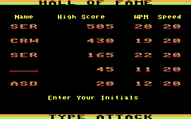 Type Attack IBM PC/Compatibles Screenshot: The high score table with the alternate CGA color palette.