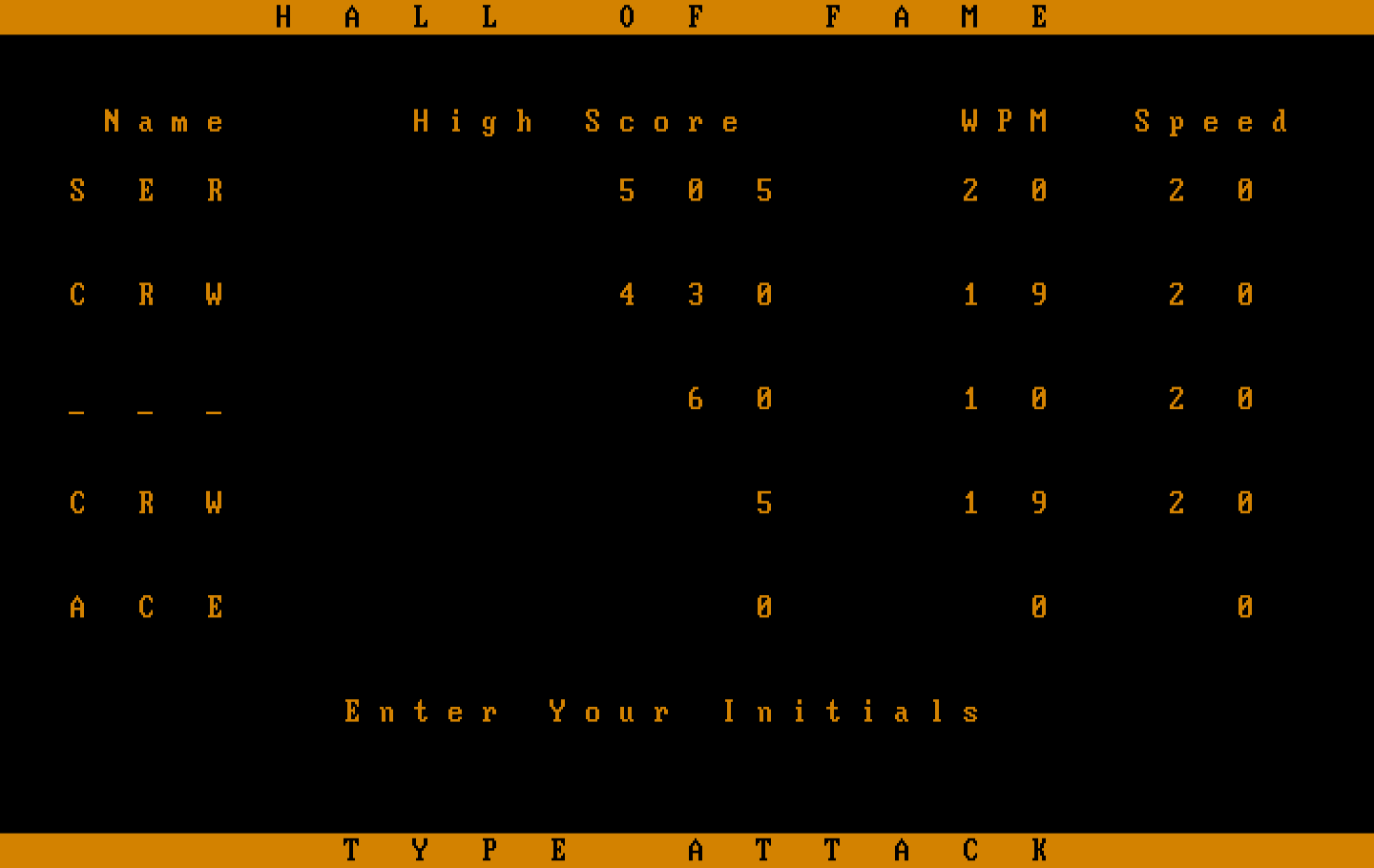 Type Attack IBM PC/Compatibles Screenshot: The high score table...