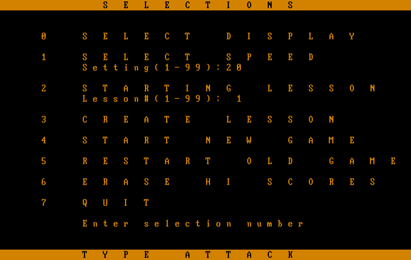 Type Attack IBM PC/Compatibles Screenshot: The main game menu.