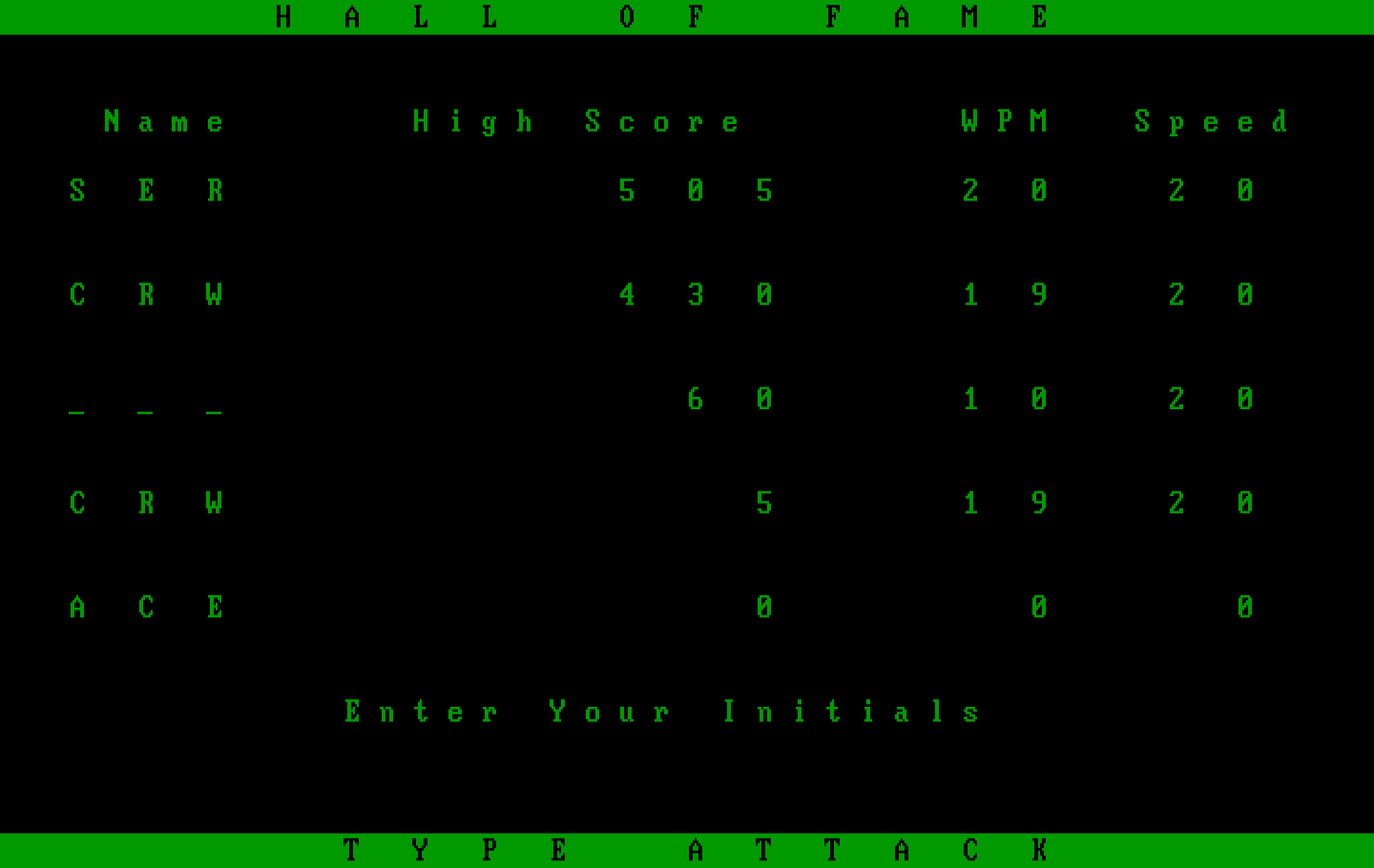 Type Attack IBM PC/Compatibles Screenshot: The high score table...