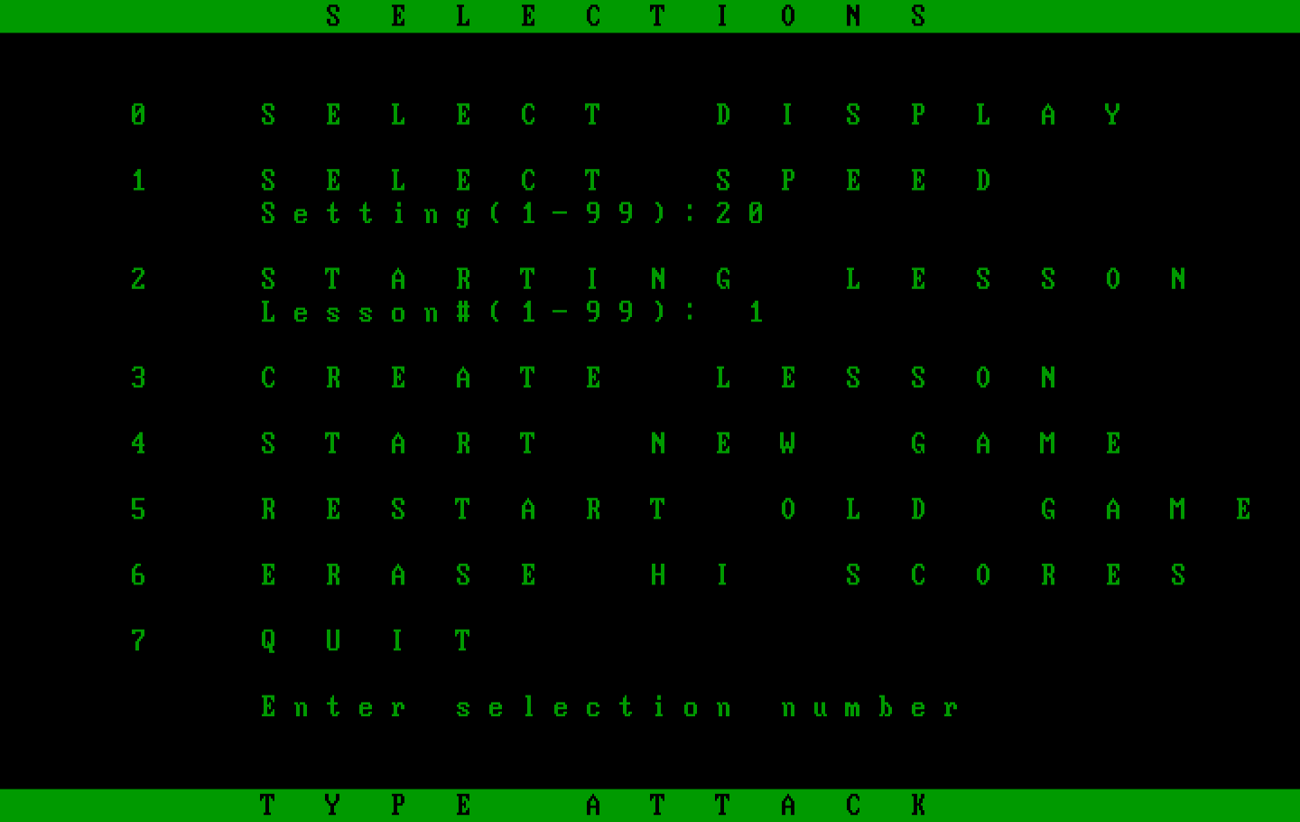 Type Attack IBM PC/Compatibles Screenshot: The main game menu.
