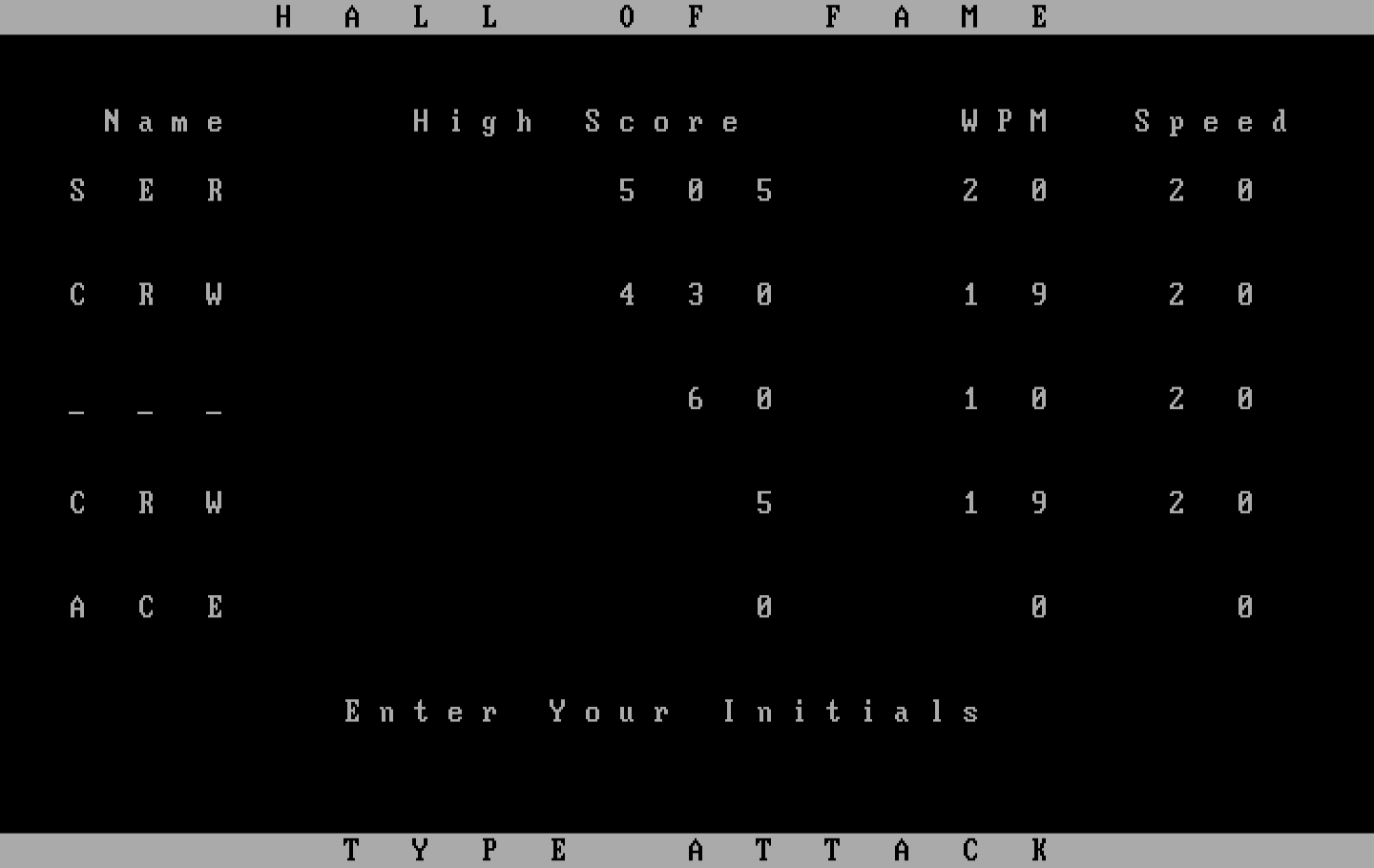 Type Attack IBM PC/Compatibles Screenshot: The high score table...