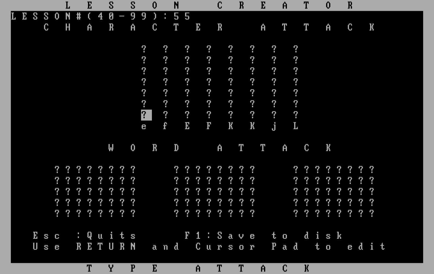 Type Attack IBM PC/Compatibles Screenshot: Use the lesson creator to make your own levels.