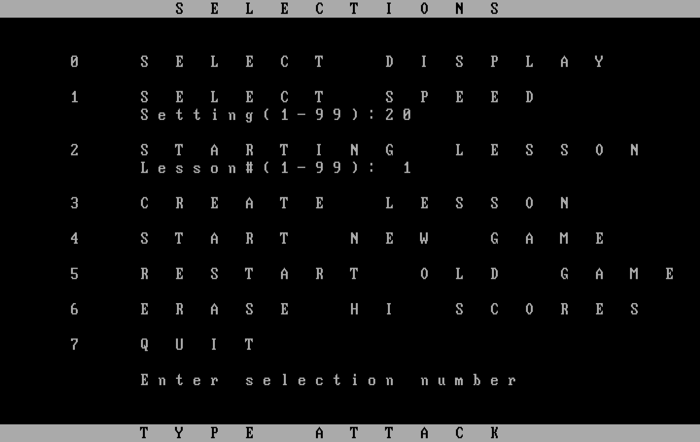 Type Attack IBM PC/Compatibles Screenshot: The main game menu.