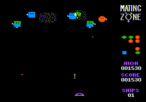 Mating Zone Apple II Screenshot: A couple of aliens enter the mating zone...