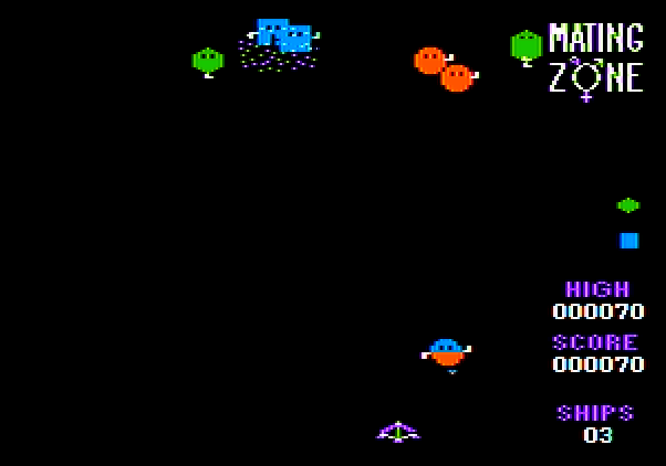 Mating Zone Apple II Screenshot: An alien flies towards the bottom of the screen to produce offspring...