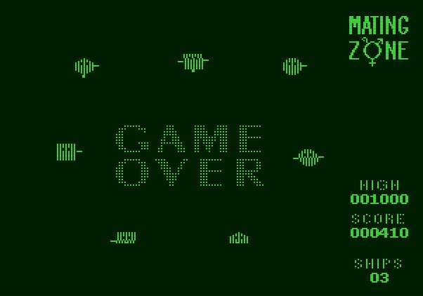 Mating Zone Apple II Screenshot: Game over.
