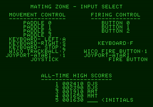Mating Zone Apple II Screenshot: Mating Zone input setup screen.