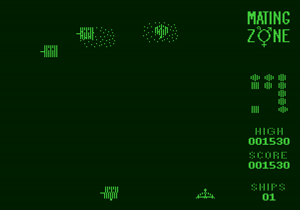 Mating Zone Apple II Screenshot: Watch out for aliens that move along the bottom of the screen.
