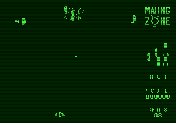 Mating Zone Apple II Screenshot: Game start; here come some aliens!