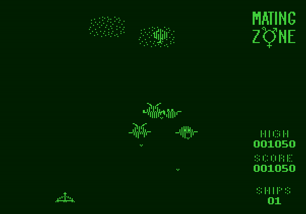 Mating Zone Apple II Screenshot: Some mutated aliens are attacking!