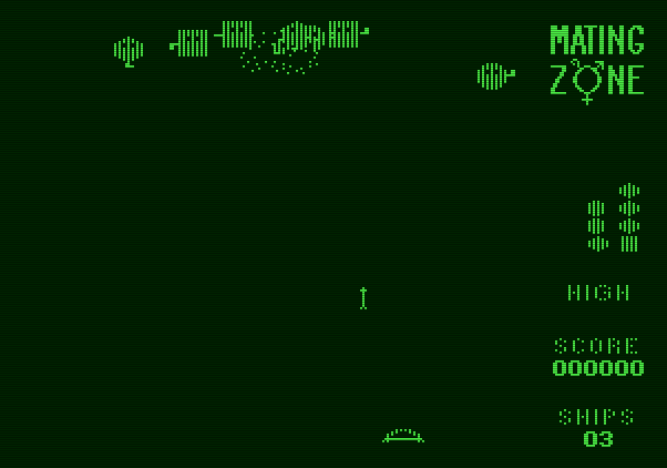 Mating Zone Apple II Screenshot: Numerous aliens heading towards the mating zone...