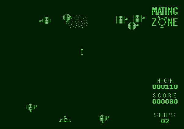 Mating Zone Apple II Screenshot: Don't crash into the aliens when they approach the bottom of the screen...