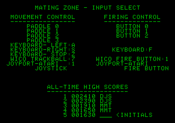 Mating Zone Apple II Screenshot: Mating Zone input setup screen.