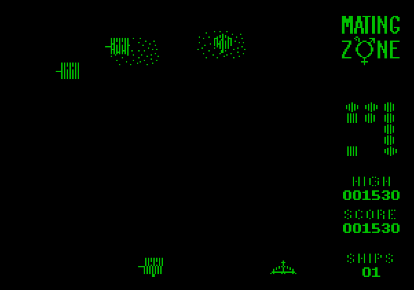 Mating Zone Apple II Screenshot: Watch out for aliens that move along the bottom of the screen.