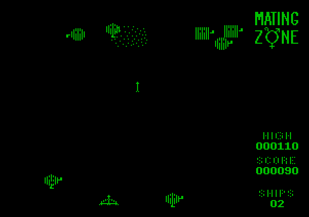 Mating Zone Apple II Screenshot: Don't crash into the aliens when they approach the bottom of the screen...