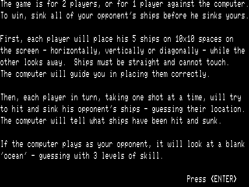 Sink the Fleet TRS-80 Screenshot: Game instructions, part 1...