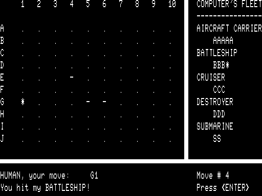 Sink the Fleet TRS-80 Screenshot: I hit the computer player's battleship!