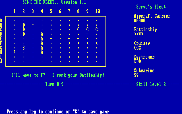 Sink the Fleet IBM PC/Compatibles Screenshot: The computer sank my battleship...