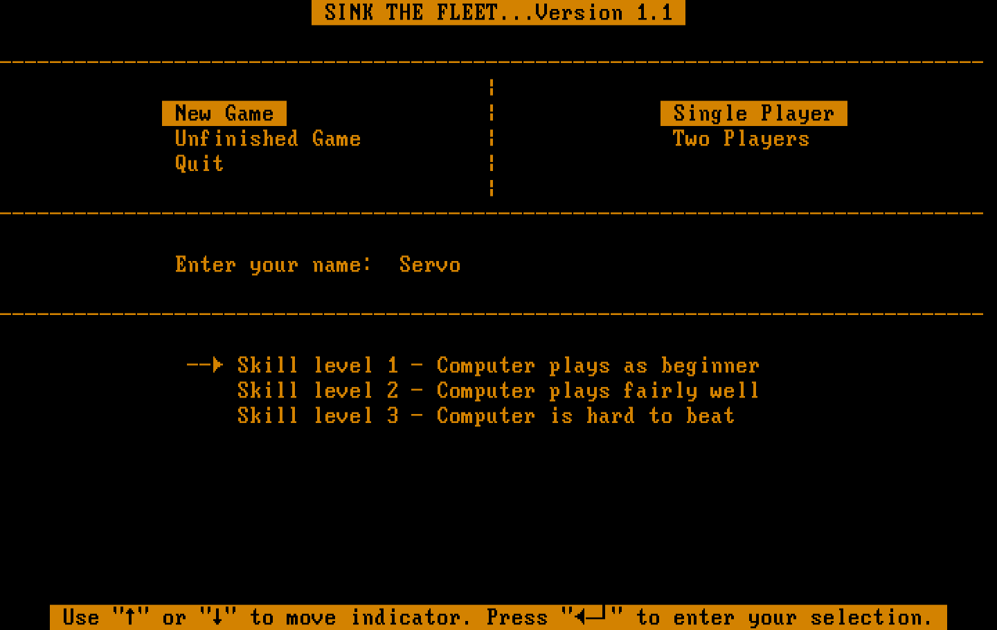 Sink the Fleet IBM PC/Compatibles Screenshot: Select a skill level...