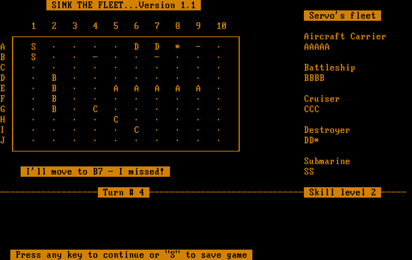 Sink the Fleet IBM PC/Compatibles Screenshot: The computer player missed...