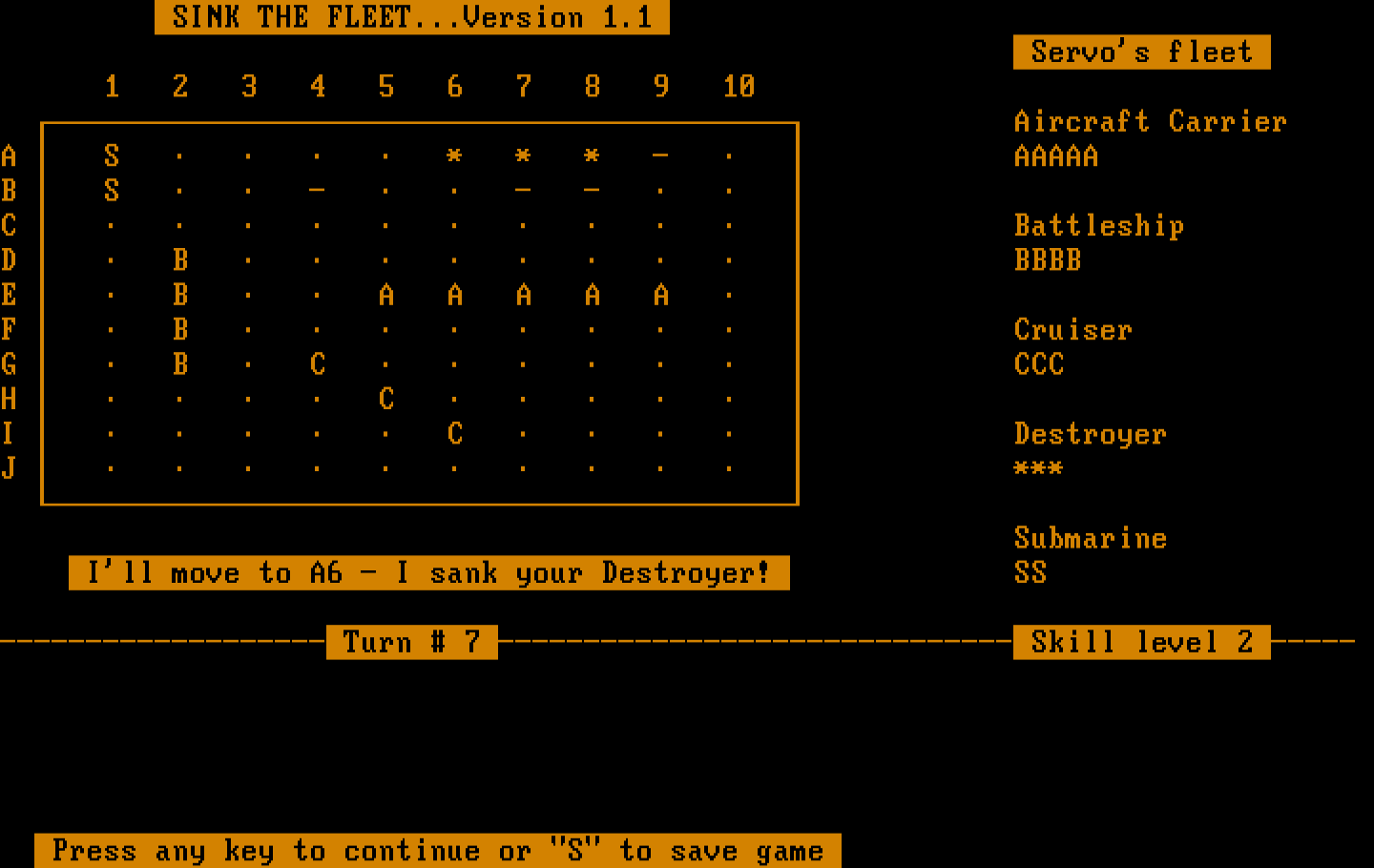 Sink the Fleet IBM PC/Compatibles Screenshot: The computer sank my destroyer!