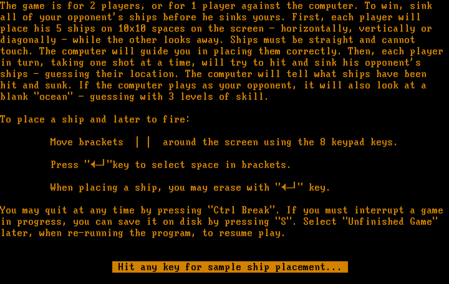 Sink the Fleet IBM PC/Compatibles Screenshot: Game instructions.