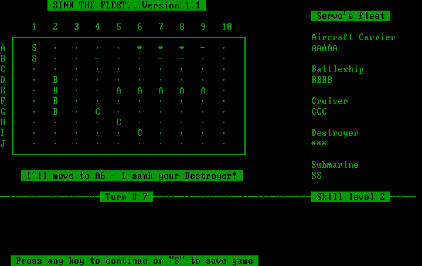 Sink the Fleet IBM PC/Compatibles Screenshot: The computer sank my destroyer!
