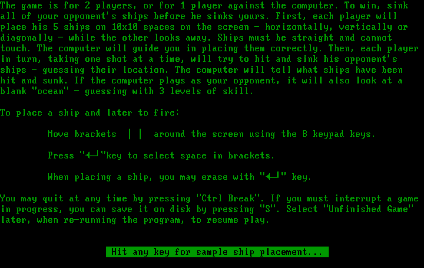 Sink the Fleet IBM PC/Compatibles Screenshot: Game instructions.